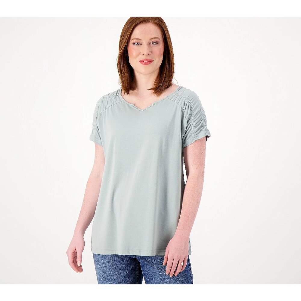 Laurie Felt Sage Cotton Rayon Made From Bamboo Smocked Shoulder Tee Size S